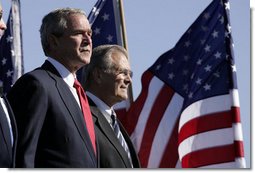 President George W. Bush with Secretary of Defense Donald Rumsfeld at the dedication of the United State Air Force Memorial in Arlington, Virginia on October 14, 2006. White House photo by Paul Morse